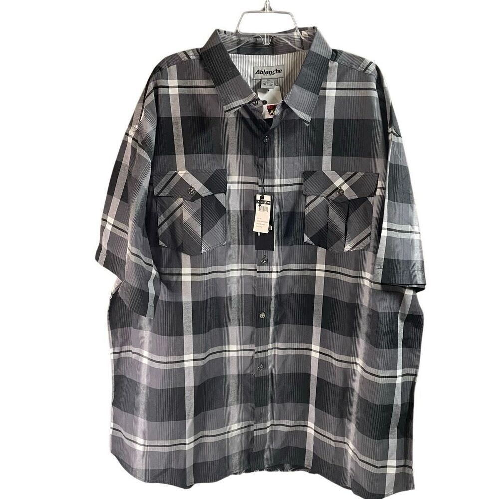 NWT ABLANCHE New York Men’s Plaid Button Up Dress Shirt Black Charcoal Size 5XL